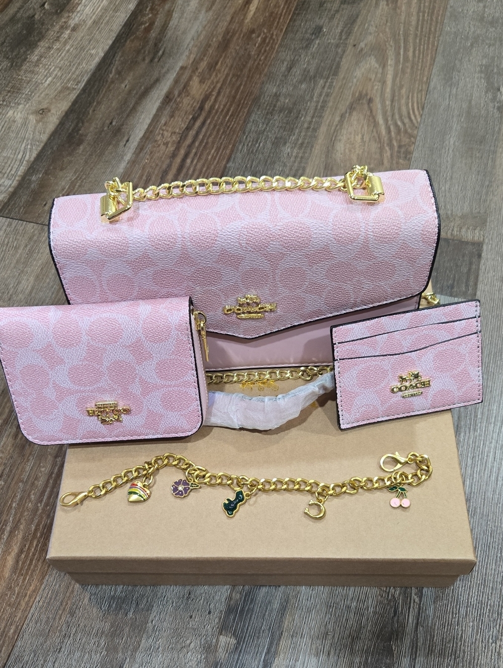 Coach Pink Logo Chain Shoulder Bag Trio with Charm Bracelet